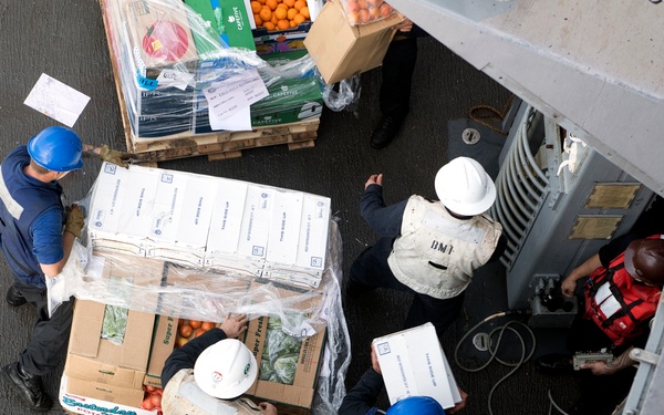 An aerial view of a naval resupply operation showing crew members loading provisions onto what appears to be a military vessel, likely a US Navy ship designated CG57. Workers wearing various colored hard hats and safety vests are handling palletized cargo including fresh produce, boxed goods, and other supplies. The operation appears to be a standard underway replenishment or pier-side provisioning evolution.