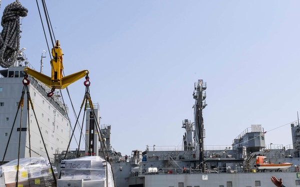 A replenishment-at-sea (RAS) operation is underway between two naval vessels traveling in close proximity on open water. A yellow crane/highline transfer rig is transferring palletized cargo wrapped in plastic shrink wrap from a large replenishment ship to a receiving vessel. Personnel wearing yellow hard hats and safety vests are guiding the incoming cargo on the receiving ship's deck.