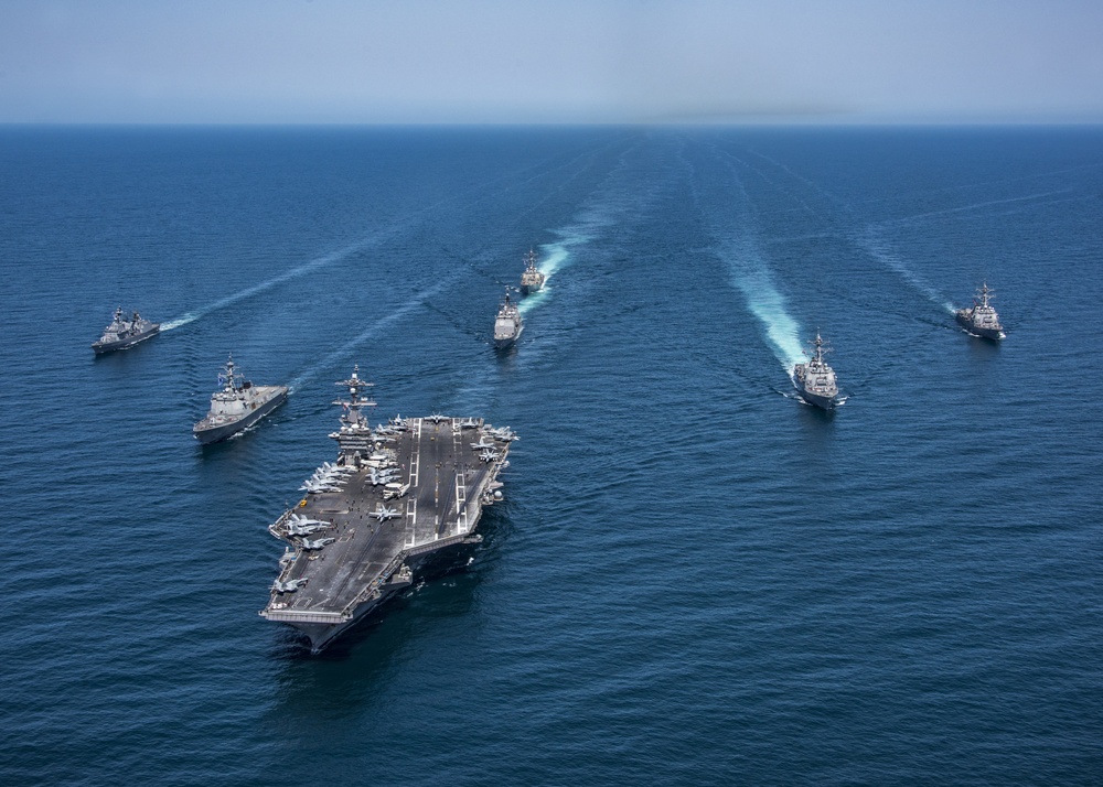 Korean and US destroyers, carriers, cruisers transit the western Pacific