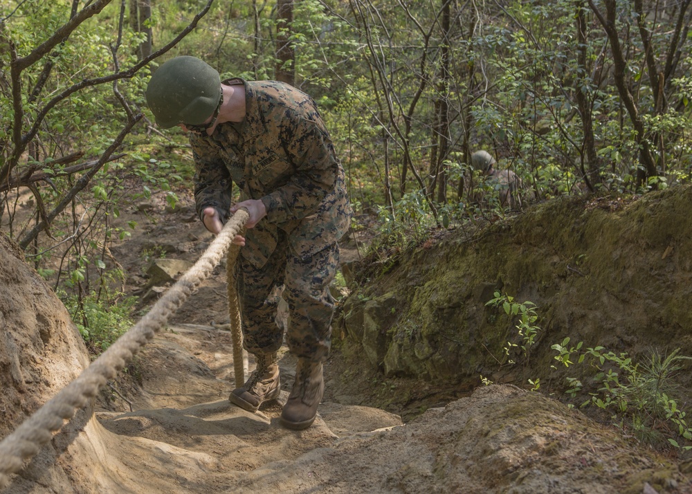 Marines with H&amp;S BN run the Endurance Course at Camp Barrett