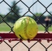 Softball rests on fence