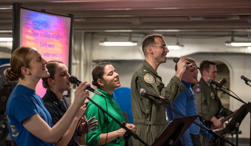 The ship is the flagship of Carrier Strike Group (CSG) 2, which is comprised of the staff of CSG-2; The ship; the nine squadrons and staff of Carrier Air Wing (CVW) 8; Destroyer Squadron (DESRON) 22 staff and guided-missile destroyers USS Laboon (DDG 58)