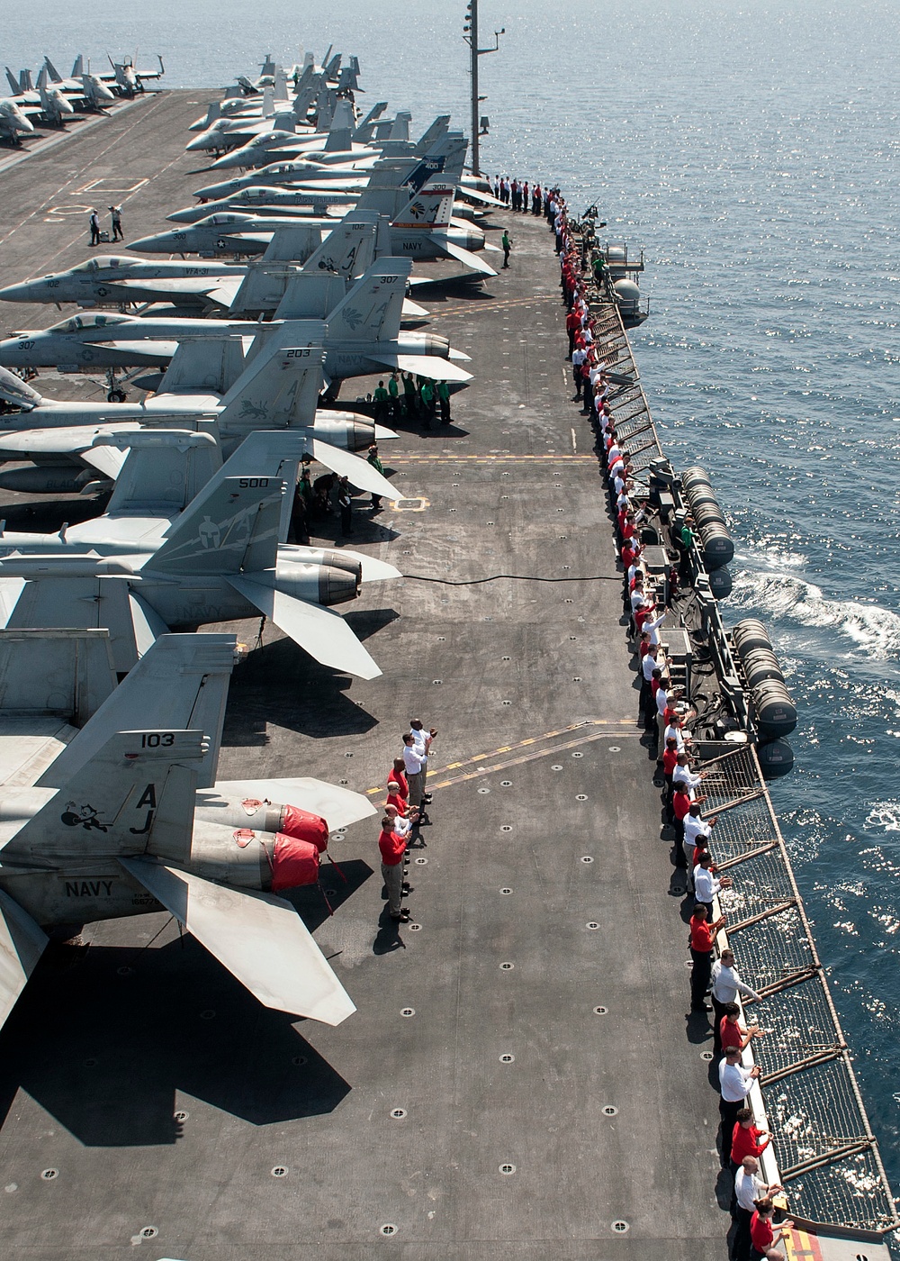 The ship is the flagship of Carrier Strike Group (CSG) 2, which is comprised of the staff of CSG-2; The ship; the nine squadrons and staff of Carrier Air Wing (CVW) 8; Destroyer Squadron (DESRON) 22 staff and guided-missile destroyers USS Laboon (DDG 58)