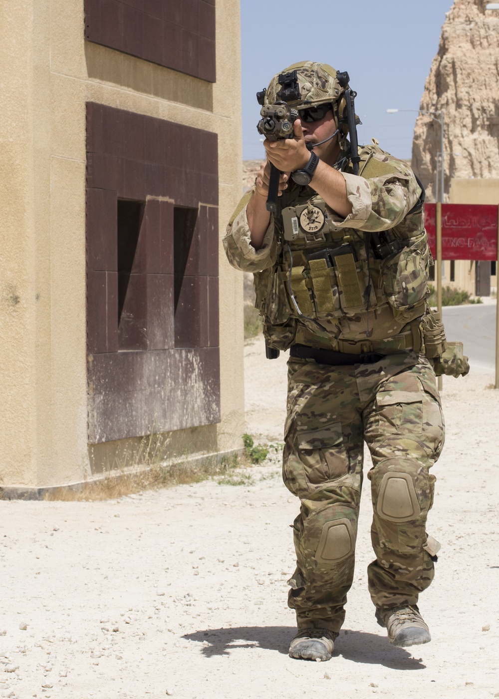 A member of the Air Force Special Operation's 23rd Special Tactics Squad participates in small unit tactics at the King Abdullah II Special Operations Training Center in Amman, Jordan during Eager Lion 2017.