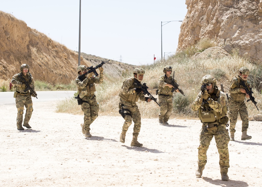 embers of the Air Force Special Operation's 23rd Special Tactics Squad and Jordanian Special Forces participate in small unit tactics at the King Abdullah II Special Operations Training Center in Amman, Jordan during Eager Lion 2017.