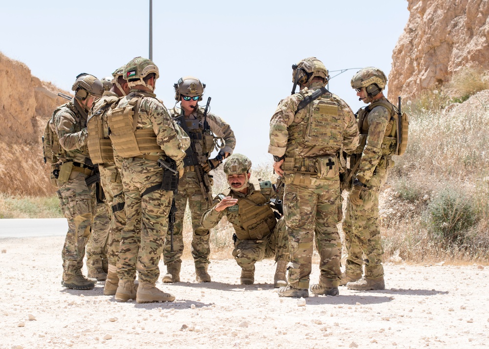 Members of the Air Force Special Operation's 23rd Special Tactics Squad and Jordanian Special Forces participate in small unit tactics at the King Abdullah II Special Operations Training Center in Amman, Jordan during Eager Lion 2017.