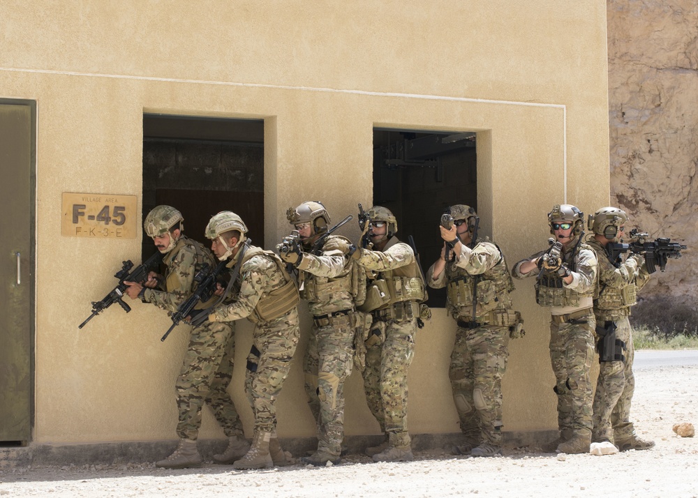Members of the Air Force Special Operation's 23rd Special Tactics Squad and Jordanian Special Forces participate in small unit tactics at the King Abdullah II Special Operations Training Center in Amman, Jordan during Eager Lion 2017.