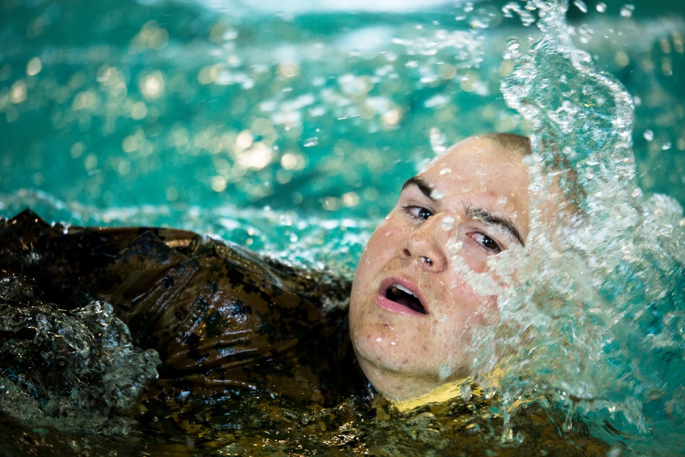 Marine recruits practice water survival techniques on Parris Island