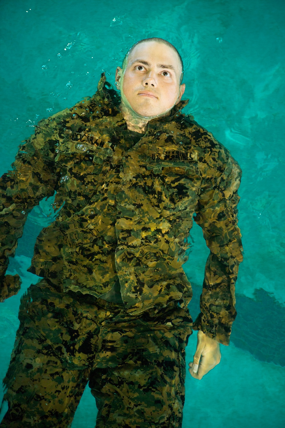 Marine recruits practice water survival techniques on Parris Island