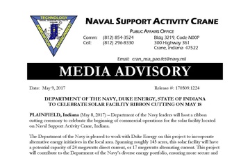 Media Advisory: Department of the Navy, Duke Energy, State of Indiana to Celebrate Solar Facility Ribbon Cutting on May 18
