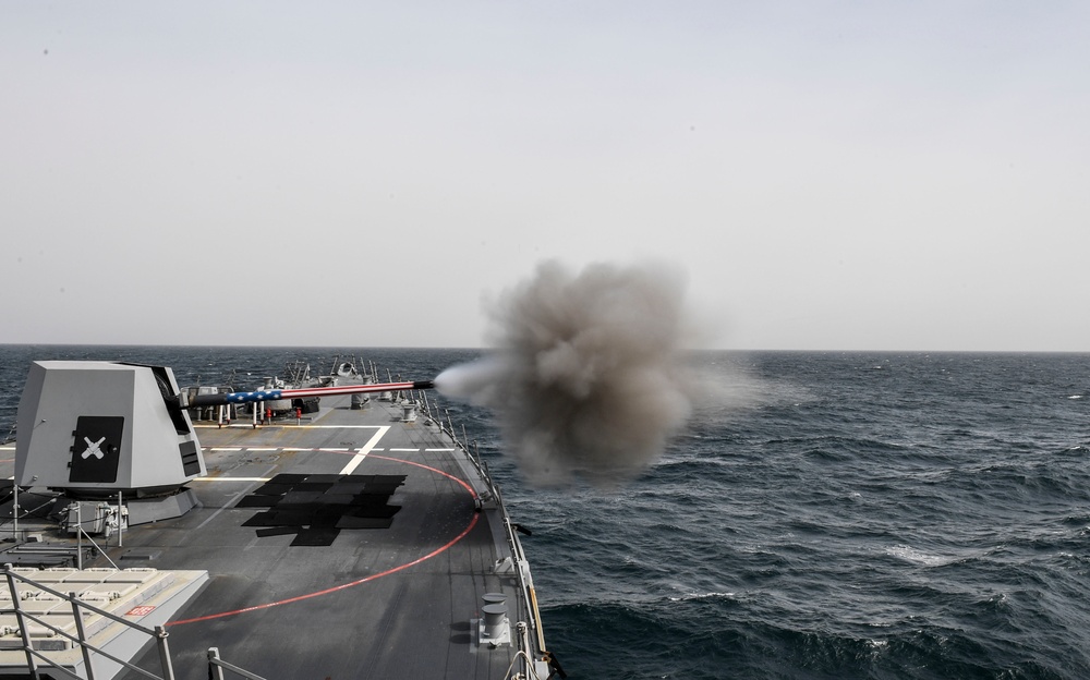 USS Wayne E. Meyer Shoots the 5&quot; Gun during a Live-Fire Drill