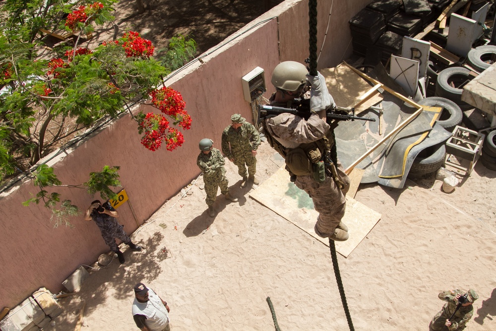 U.S. Marine fast roping during Eager Lion 17