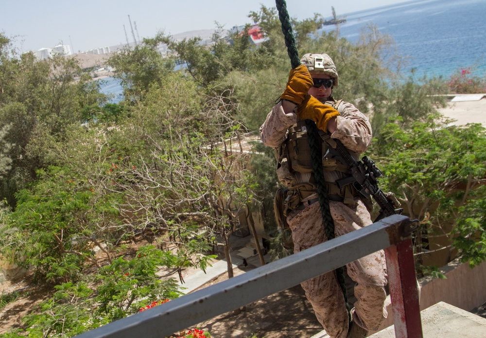 U.S. Marine demonstrates fast roping during Eager Lion 17