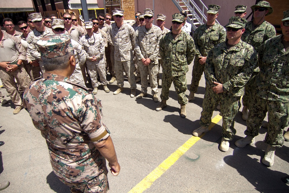 Jordanian Brig. Gen. Khalid al-Shara addresses a group of U.S. Marines and Coast Guard during Eager Lion 17