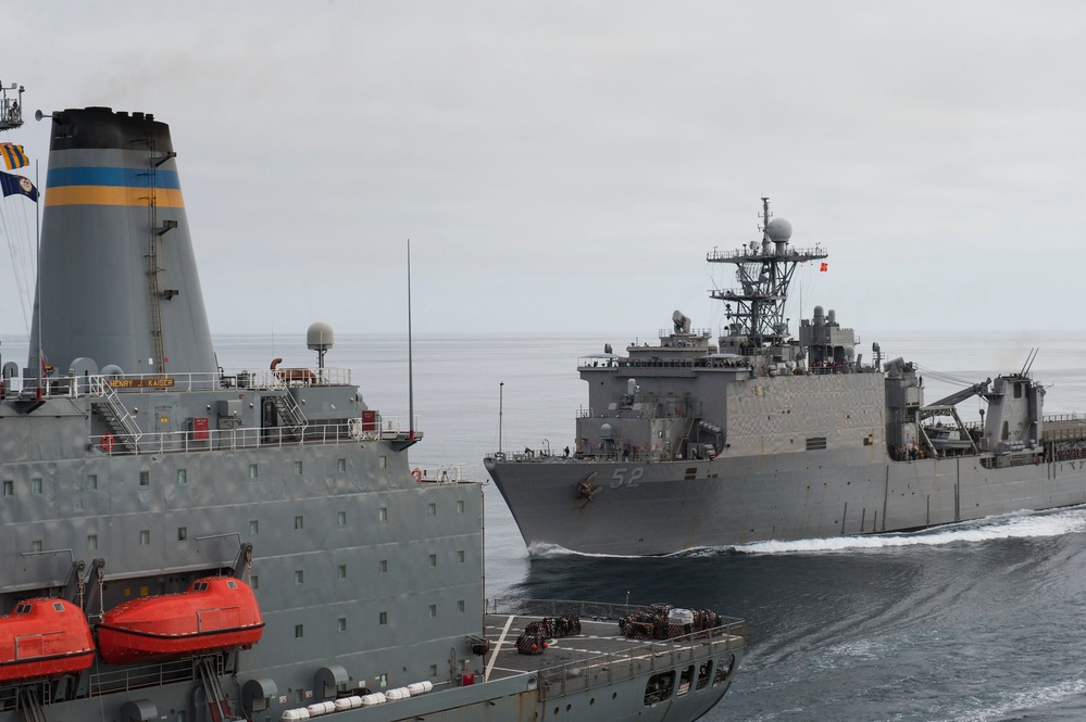 USS Pearl Harbor conducts replenishment at sea with USNS Henry J. Kaiser