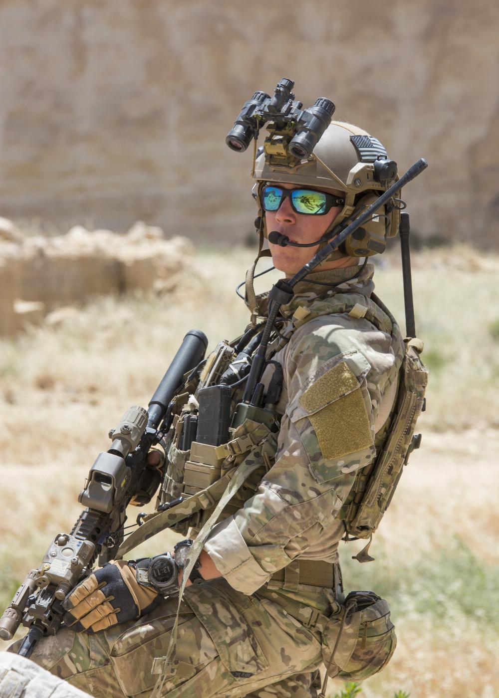 A member of Air Force Special Operations, assigned to the 23rd Special Tactics Squadron, provides security during a combat search and rescue exercise in support of Eager Lion 2017.