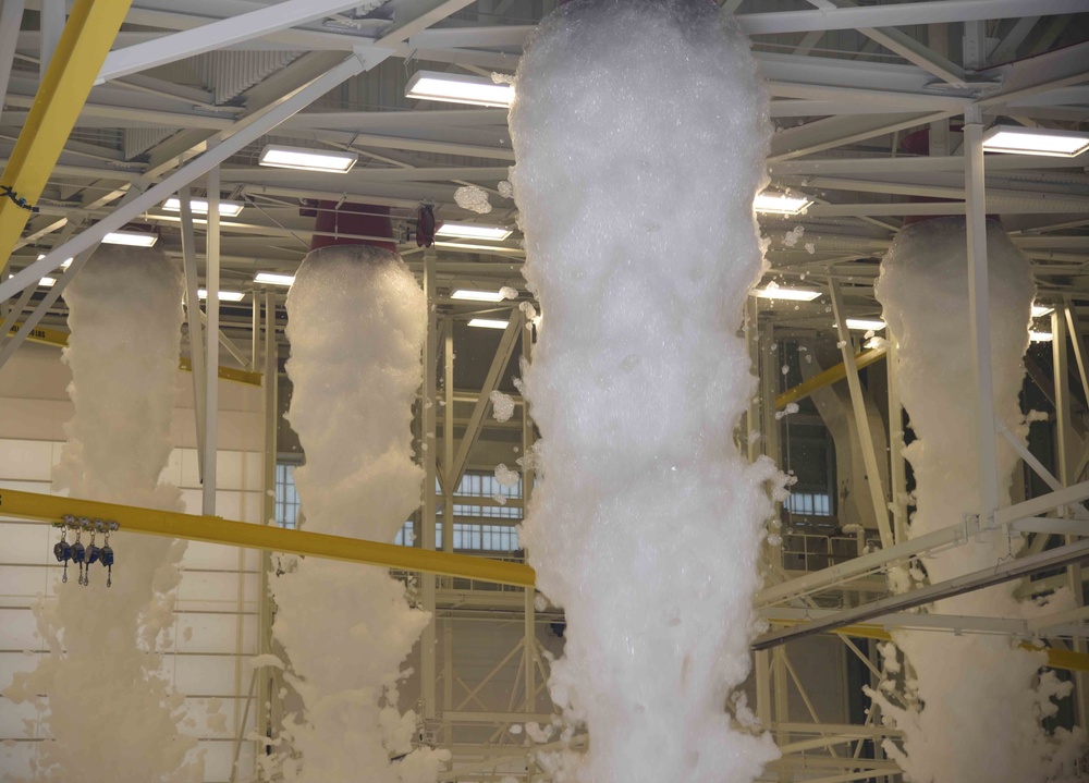 Three-bay KC-46 Pegasus hangar foam test