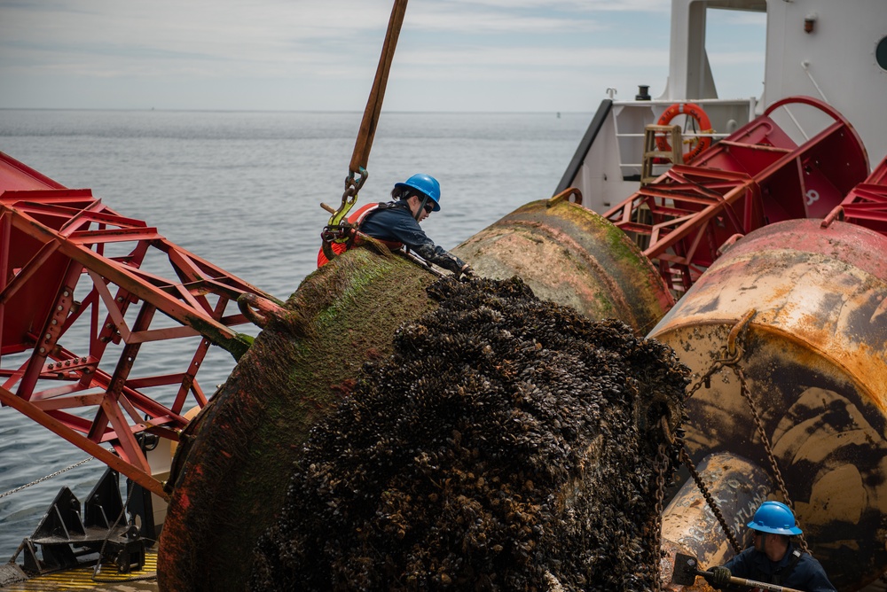 Coast Guard Cutter Oak's crew works buoys near Nantucket