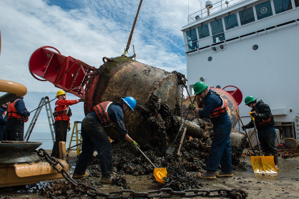 Coast Guard Cutter Oak's crew works buoys near Nantucket