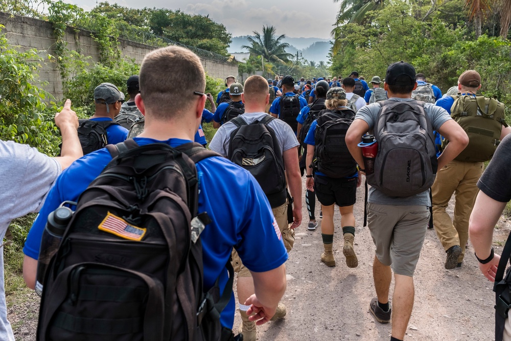 JTF-Bravo hikes over 5000 pounds of food and supplies to San Jerónimo, Comayagua, Honduras.