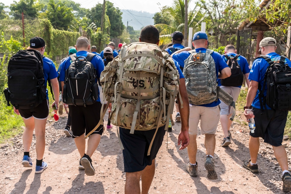 JTF-Bravo hikes over 5000 pounds of food and supplies to San Jerónimo, Comayagua, Honduras.