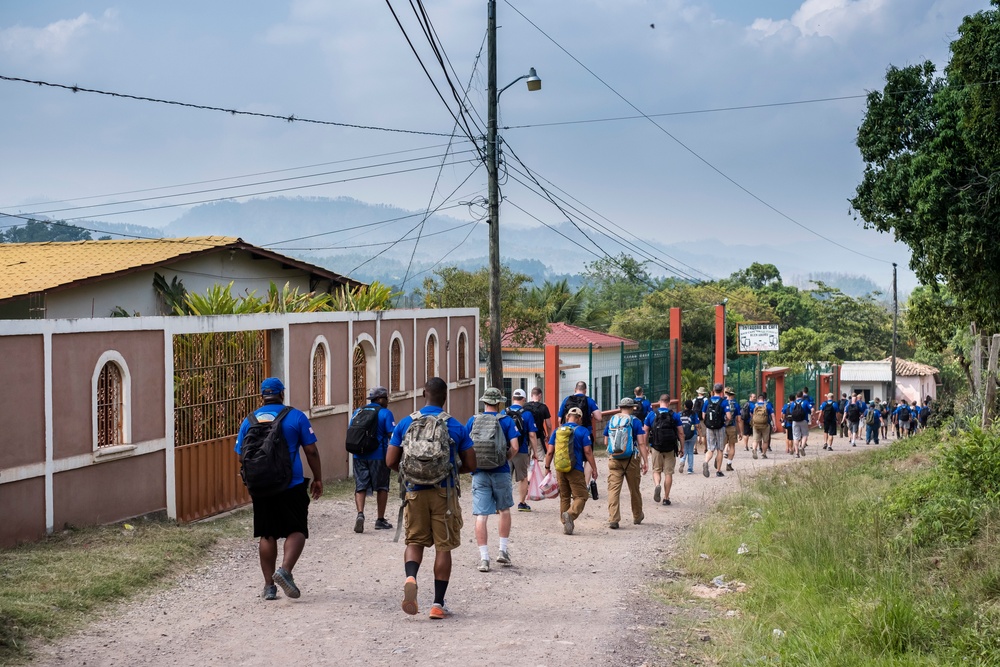 JTF-Bravo hikes over 5000 pounds of food and supplies to San Jerónimo, Comayagua, Honduras.