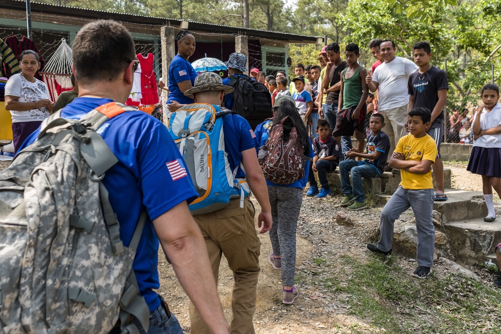 JTF-Bravo hikes over 5000 pounds of food and supplies to San Jerónimo, Comayagua, Honduras.