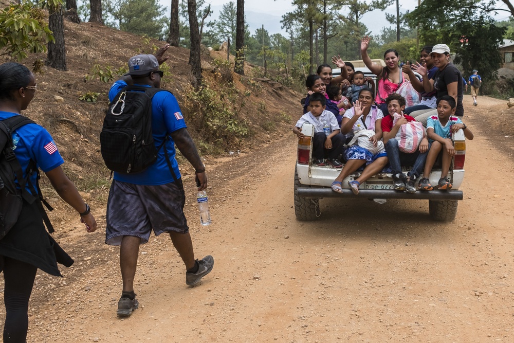 JTF-Bravo hikes over 5000 pounds of food and supplies to San Jerónimo, Comayagua, Honduras.