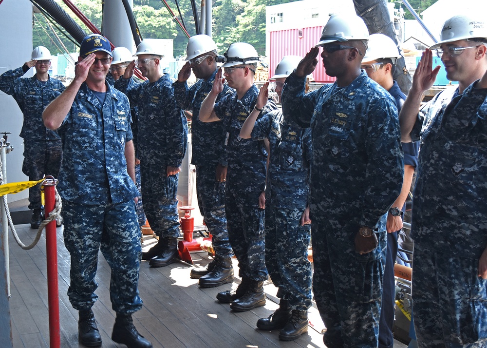 U.S. 7th Fleet flagship USS Blue Ridge (LCC 19) Executive Officer Cmdr. Eckhardt is relieved by Cmdr. Richard Zamberlan