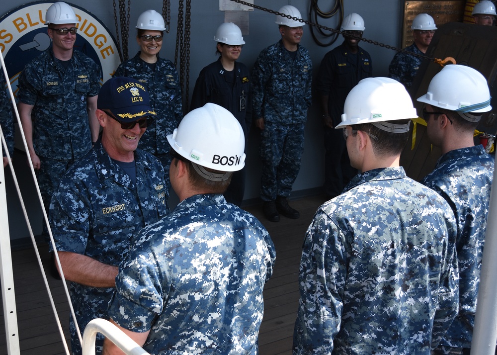 U.S. 7th Fleet flagship USS Blue Ridge (LCC 19) Executive Officer Cmdr. Eckhardt is relieved by Cmdr. Richard Zamberlan