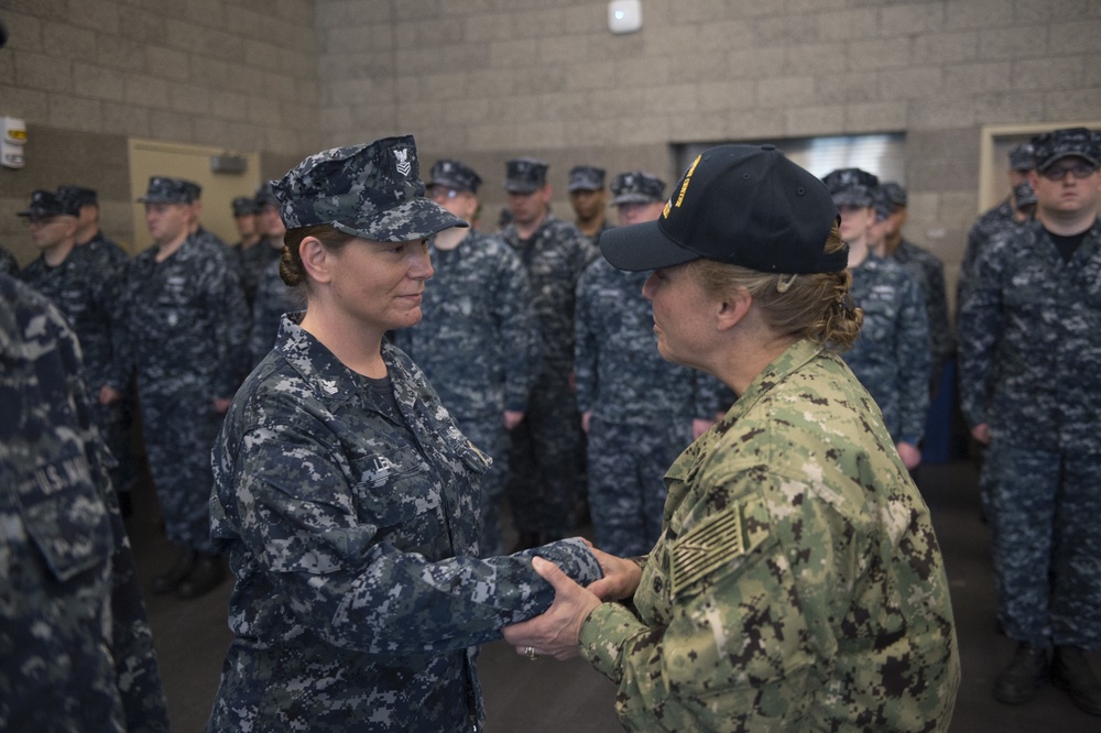 170520-N-QP351-066 INDIANAPOLIS (May 20, 2017) Rear Admiral Linda Wackerman, Deputy Commander, U.S. Naval Forces Southern Command, 4th Fleet, visits with Sailors from Navy Operational Support Center Indianapolis during an Admirals Call. Wackerman who also