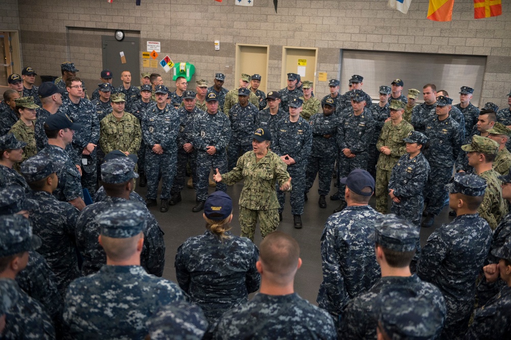 170520-N-QP351-079 INDIANAPOLIS (May 20, 2017) Rear Admiral Linda Wackerman, Deputy Commander, U.S. Naval Forces Southern Command, 4th Fleet, visits with Sailors from Navy Operational Support Center Indianapolis during an Admirals Call. Wackerman who also