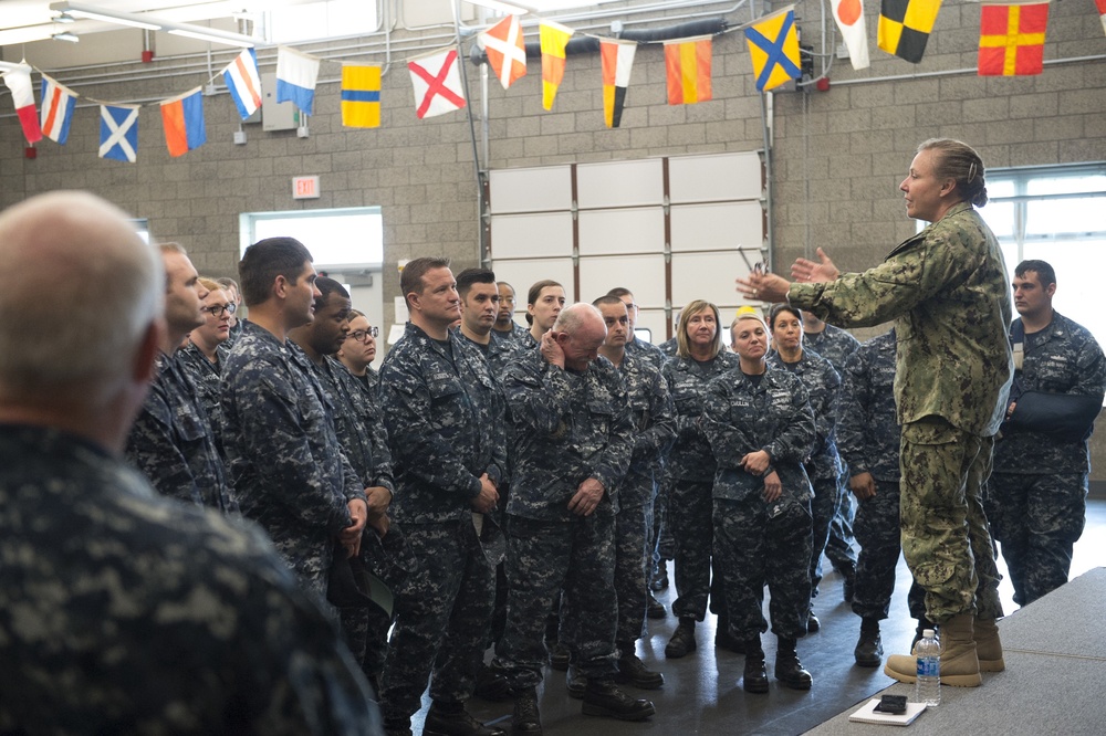 170520-N-QP351-083 INDIANAPOLIS (May 20, 2017) Rear Admiral Linda Wackerman, Deputy Commander, U.S. Naval Forces Southern Command, 4th Fleet, visits with Sailors from Navy Operational Support Center Indianapolis during an Admirals Call. Wackerman who also