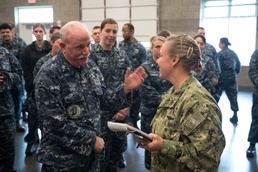 170520-N-QP351-087 INDIANAPOLIS (May 20, 2017) Rear Admiral Linda Wackerman, Deputy Commander, U.S. Naval Forces Southern Command, 4th Fleet, congratulates Culinary Spacialist 1st Class Thomas Spees, from Navy Operational Support Center Indianapolis, for