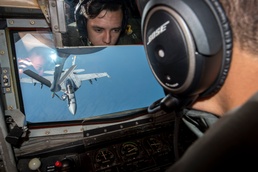 Stratotanker refuels Navy Hornets, aeromedevacs patients