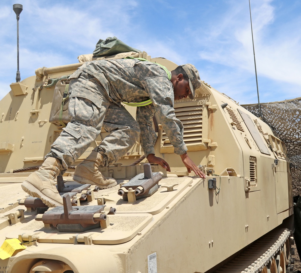 2d Battalion, 114th Field Artillery Regiment prepares for equipment validation during annual training at Fort Irwin, California.