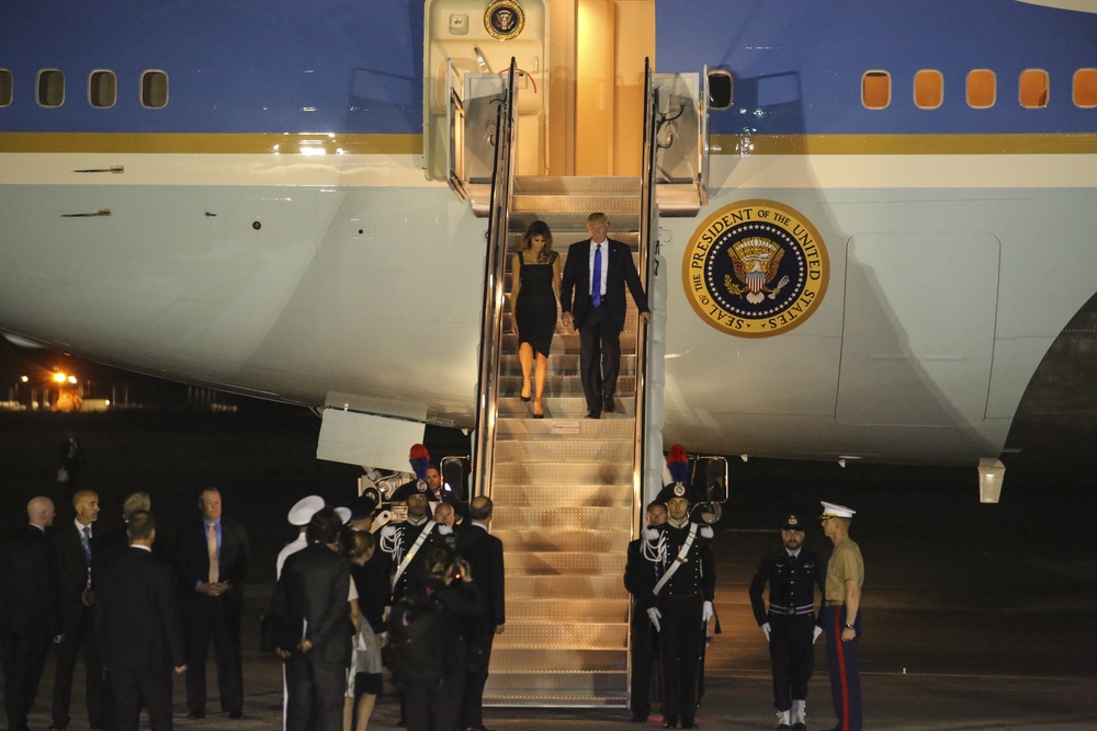 President Trump arrives at Naval Air Station Sigonella for G7 summit