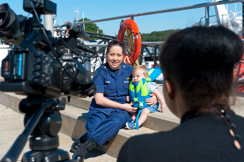 Coast Guard member speaks with media about children's boating safety