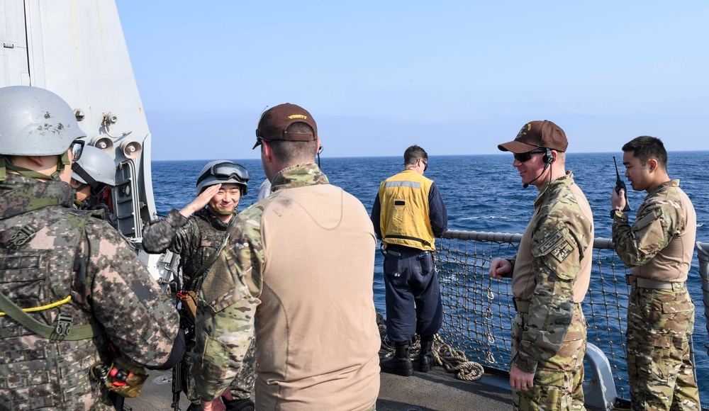 USS Wayne E. Meyer and the Republic of Korea Navy Ship Conduct a Bilateral VBSS Training Exercise