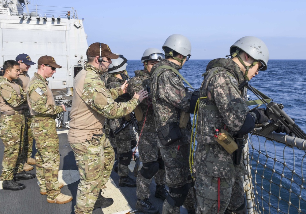 USS Wayne E. Meyer and the Republic of Korea Navy Ship Conduct a Bilateral VBSS Training Exercise