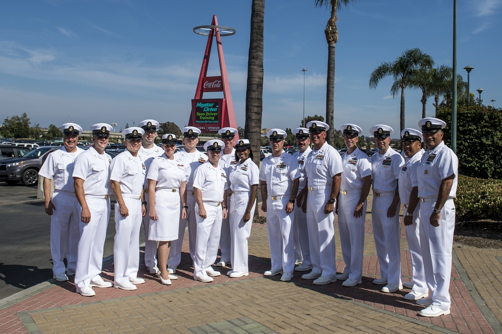 Navy Chiefs participate in Memorial Day pregame ceremony at Angel Stadium.