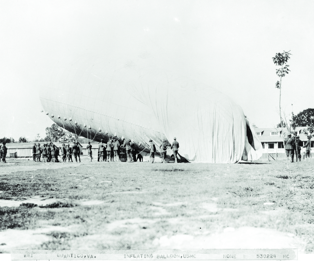 Marines inflate an obeservation balloon at Marine Corps Base Quantico during World War I.