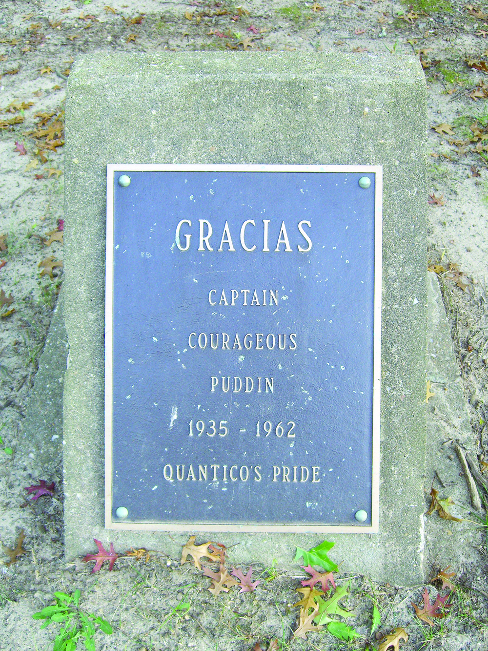 Gracias's marker on Russell Road aboard Marine Corps Base Quantico.