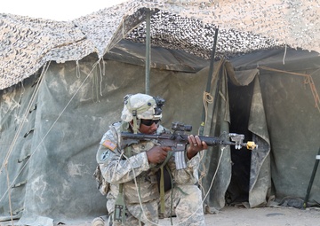 Takes fighting position