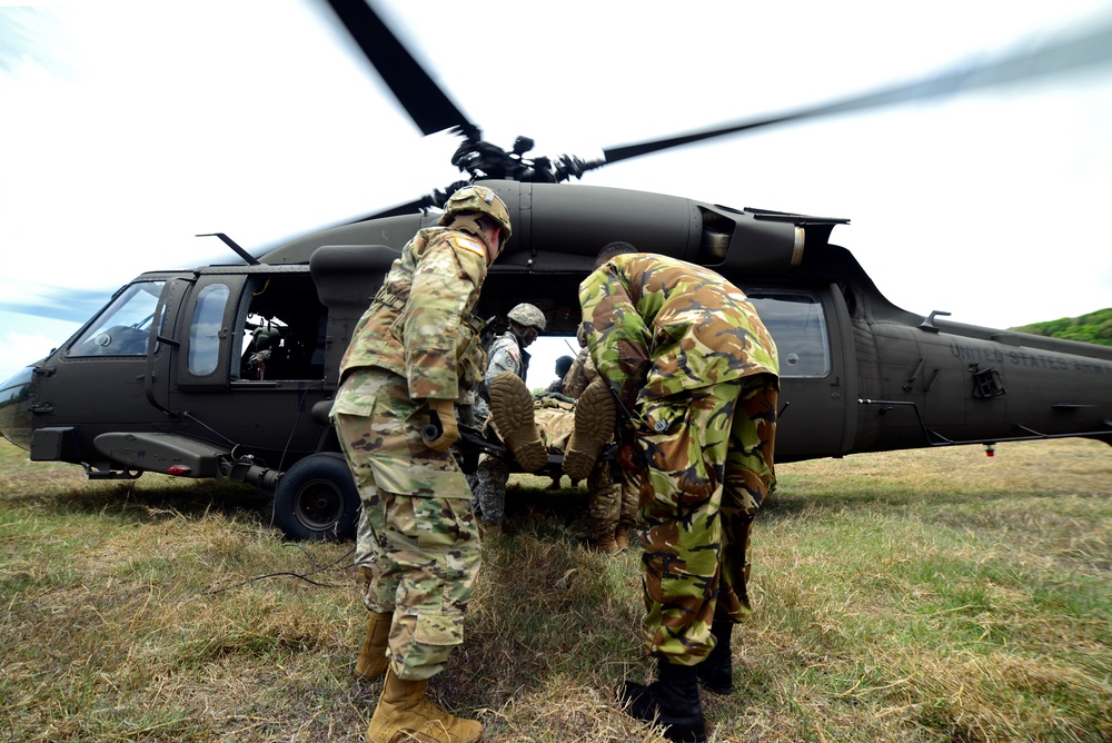 U.S. Army members conduct a medevac exercise during Tradewinds 2017