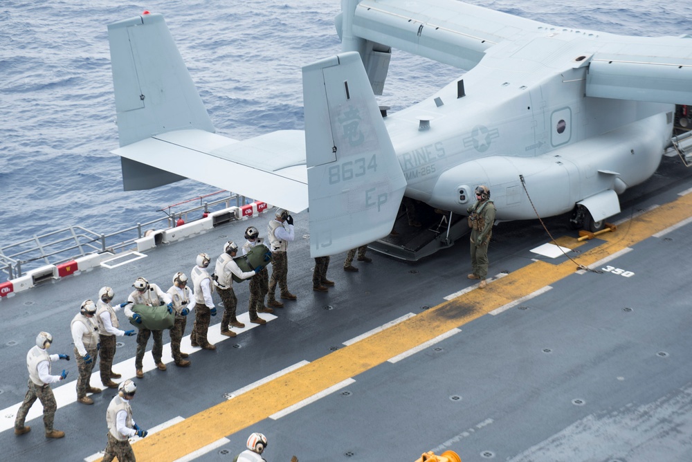 USS Bonhomme Richard (LHD 6) Arrival of Marine Medium Tiltrotor Squadron (VMM) 265 MV-22B Ospreys