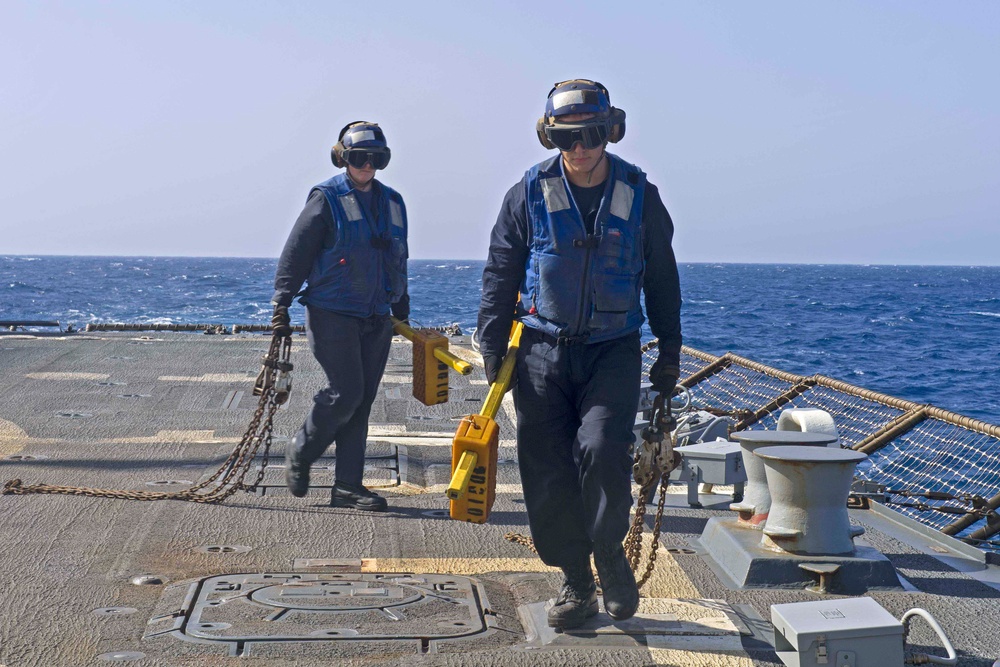 Truxtun is part of the George H.W. Bush Carrier Strike Group deployed in the U.S. 5th Fleet area of operations in support of maritime security operations designed to reassure allies and partners, preserve the freedom of navigation and the free flow of com