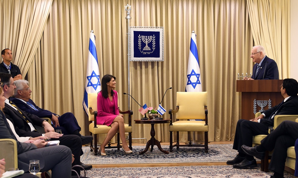 U.S. Permanent Representative to the UN, Ambassador Nikki Haley meets Israeli President Reuven Rivlin at the President’s Residence in Jerusalem, June 7, 2017.