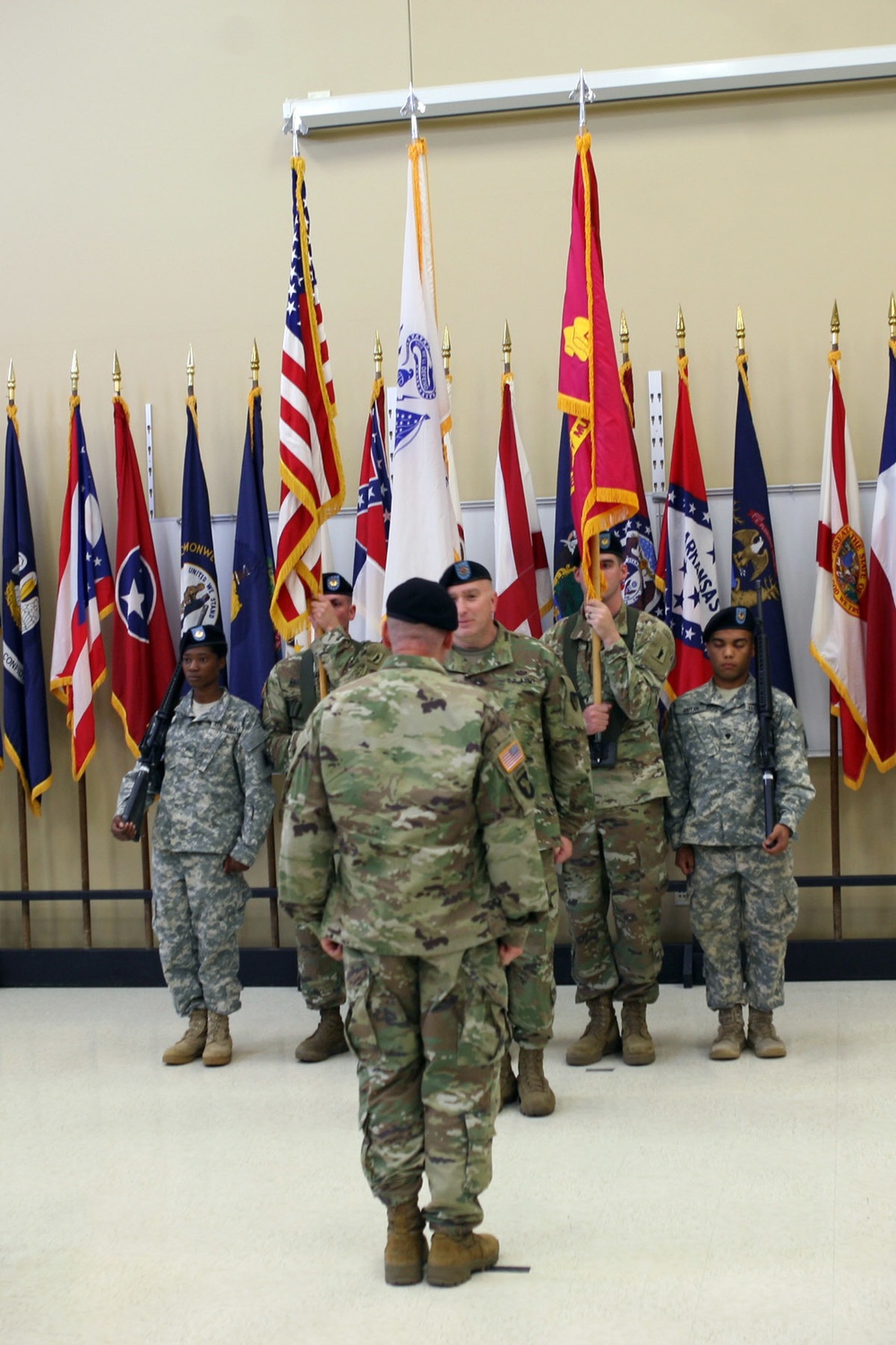 LTC Jeffrey Ignatowski and Command Sgt. Maj. Richard Huff Jr. prepare for the retirement of the colors during the Letterkenny Munitions Center Change of Command Ceremony, June 6.  (Photo provided by Pam Goodhart, Letterkenny Army Depot.)