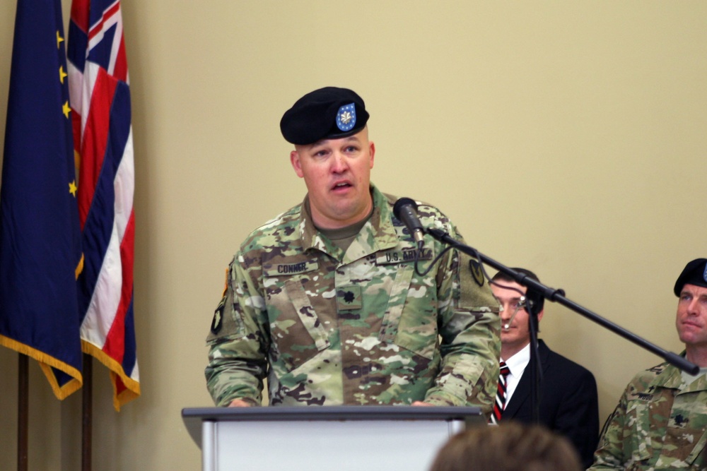 The outgoing commander, Lt. Col. Trenton Conner, provides farewell remarks during the Letterkenny Munitions Center Change of Command Ceremony, June 6. (Photos provided by Pam Goodhart, Letterkenny Army Depot.)